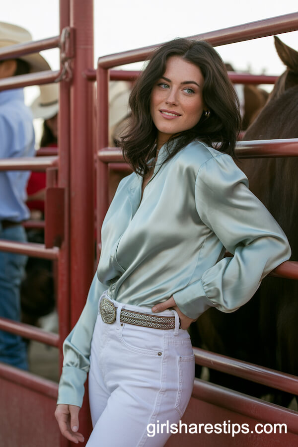 Silky Pale Blue Blouse with White Jeans