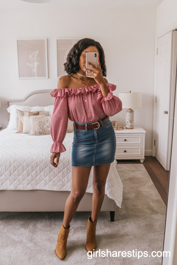 Red Gingham Ruffled Blouse with Denim Mini Skirt