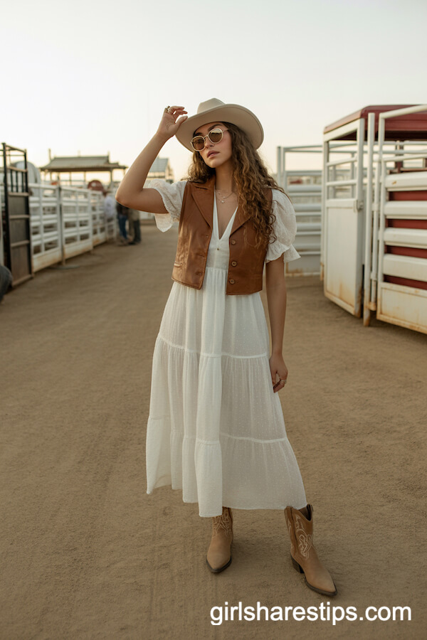 White Tiered Maxi Dress with Cropped Leather Vest