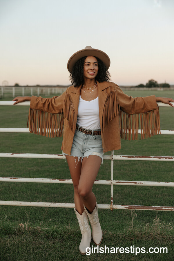 Tan Suede Fringe Jacket Over White Tank Top
