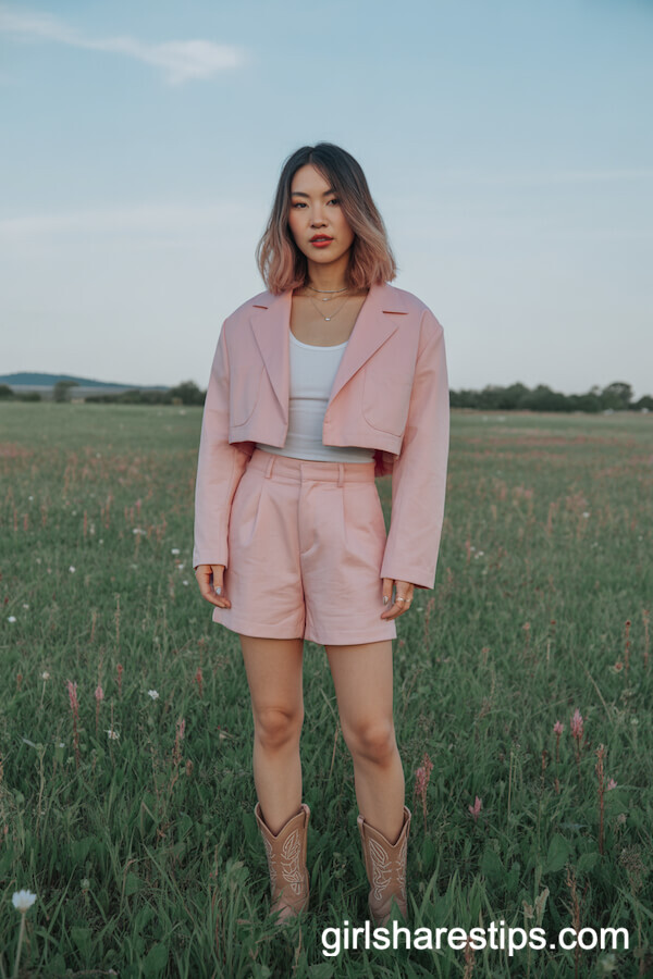 Pastel Pink Two-Piece Suit with Nude Western Boots