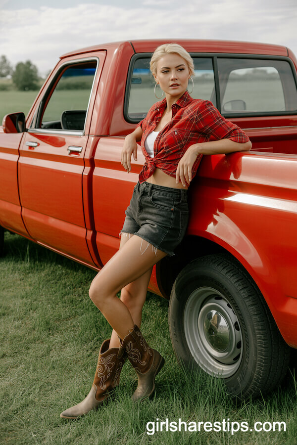 Red Plaid Shirt Tied at Waist with Denim Cutoffs