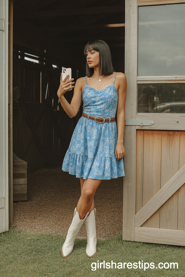 Blue Floral Sundress Paired with Western Boots