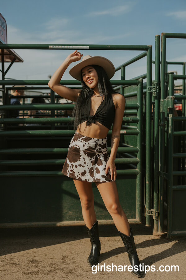 Cow Print Mini Skirt with Black Crop Top