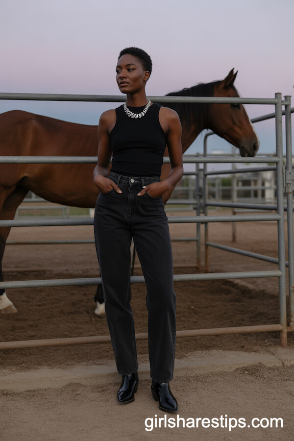 Fitted Black Tank Top with High-Waisted Jeans