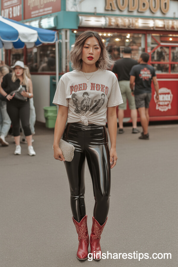 Vintage Band Tee with Black Leather Leggings