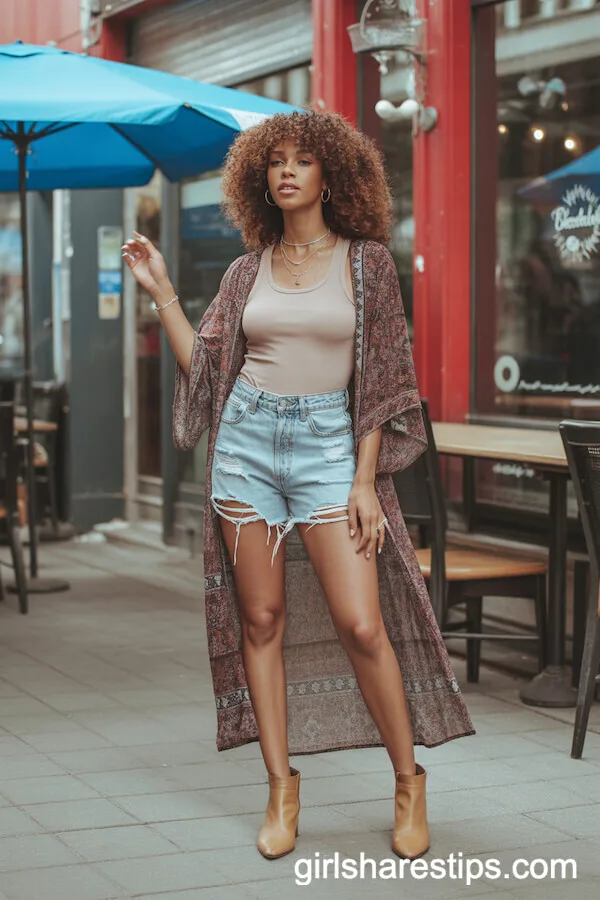 Patterned Kimono Over Distressed Denim Shorts and Tank Top