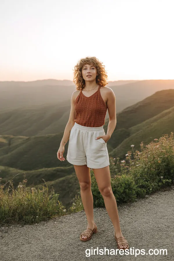 Cream Linen Shorts with Rust Knit Sleeveless Top