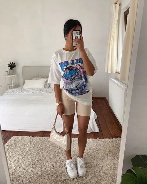 summer shorts outfits with biker shorts and oversized Tee