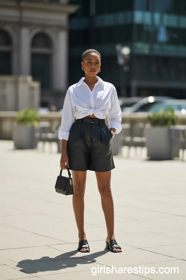 High-Waisted Black Shorts with Crisp White Shirt and Slides