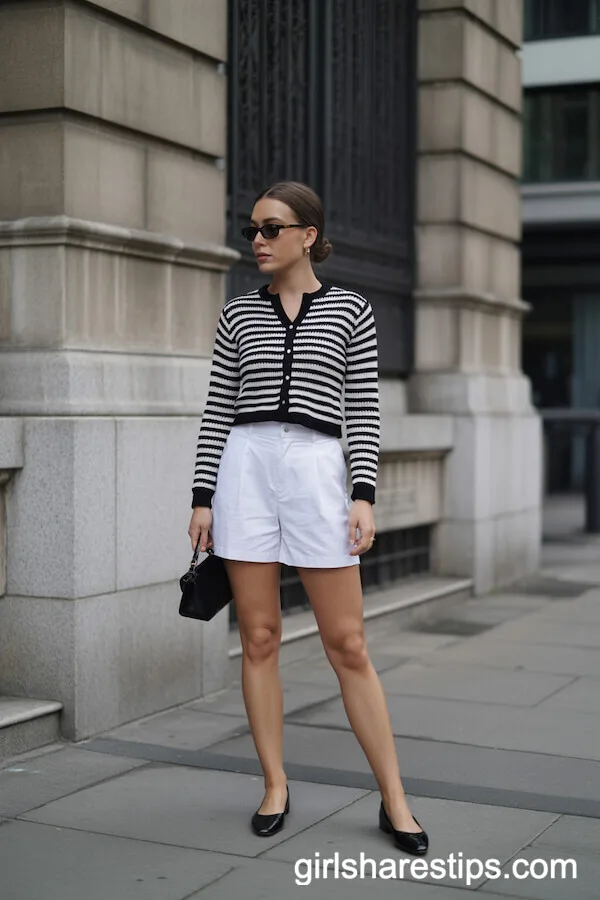Black-and-White Striped Cardigan with High-Waisted White Shorts