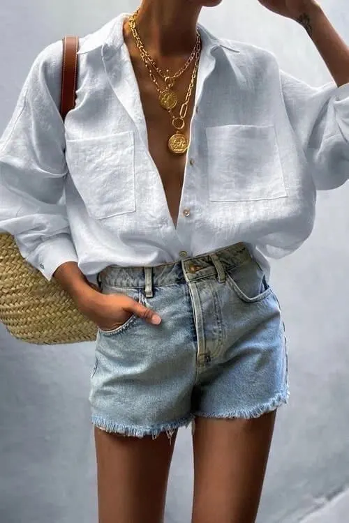 summer shorts outfits with linen button down