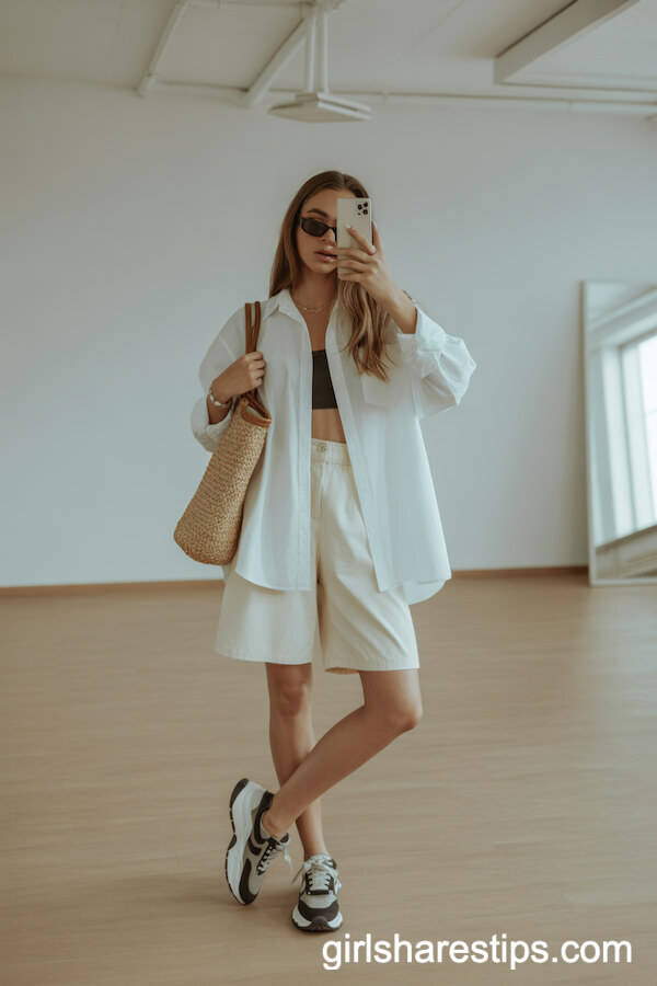 Oversized White Button-Up Shirt with White Bermuda Shorts