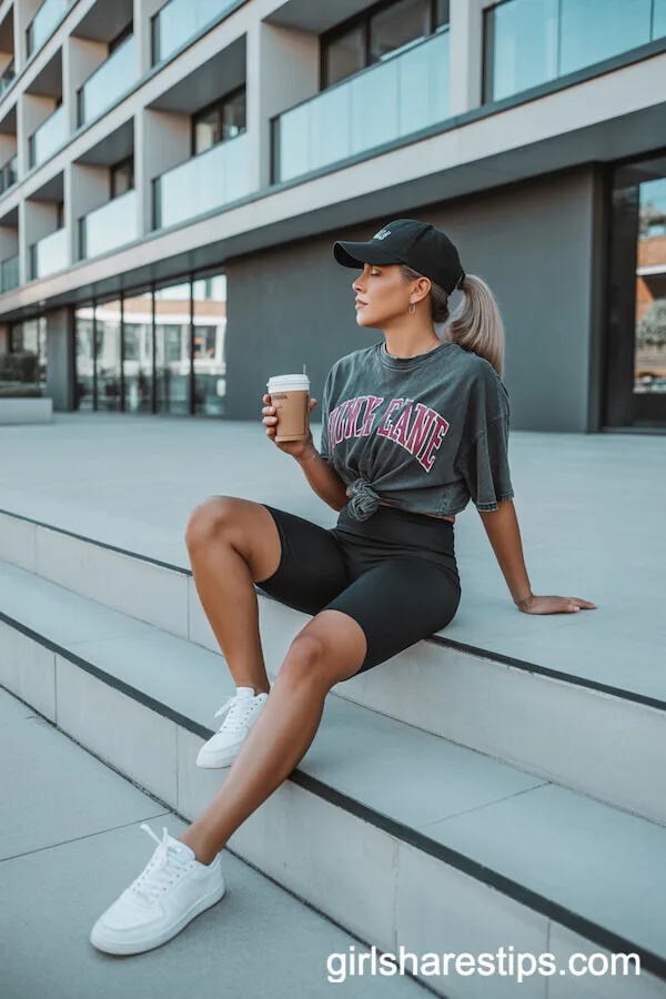 Biker Shorts with Oversized Graphic Tee and Sneakers