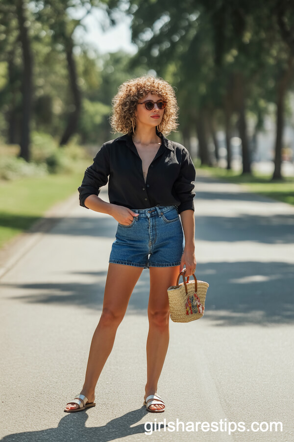 Classic Black Button-Up Shirt with High-Waisted Denim Shorts
