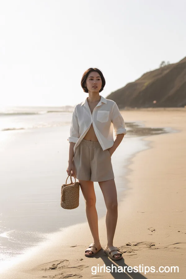 Beige Linen Shorts with White Button-Down Shirt and Sandals