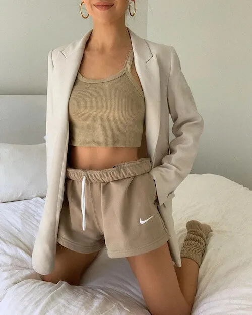 summer shorts outfits with tank top, sweat shorts and blazer