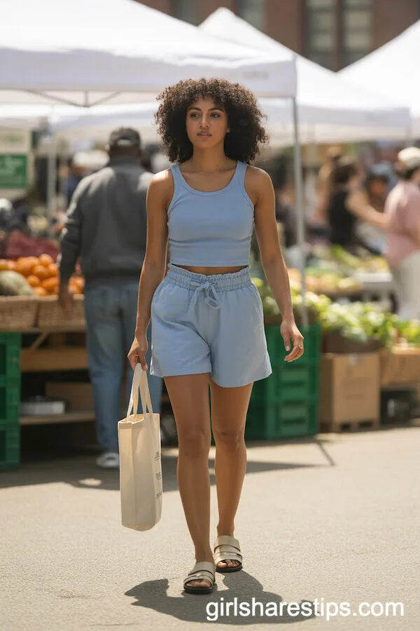 Light Blue Paperbag Waist Shorts with Ribbed Tank Top