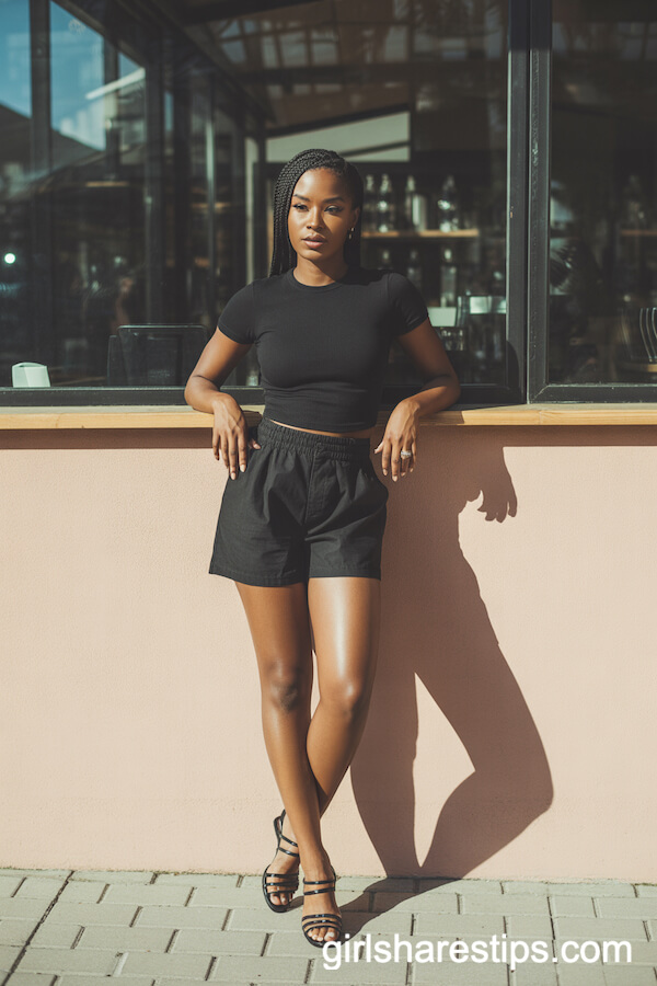 Black Fitted Tee with High-Waisted Black Shorts and Strappy Sandals