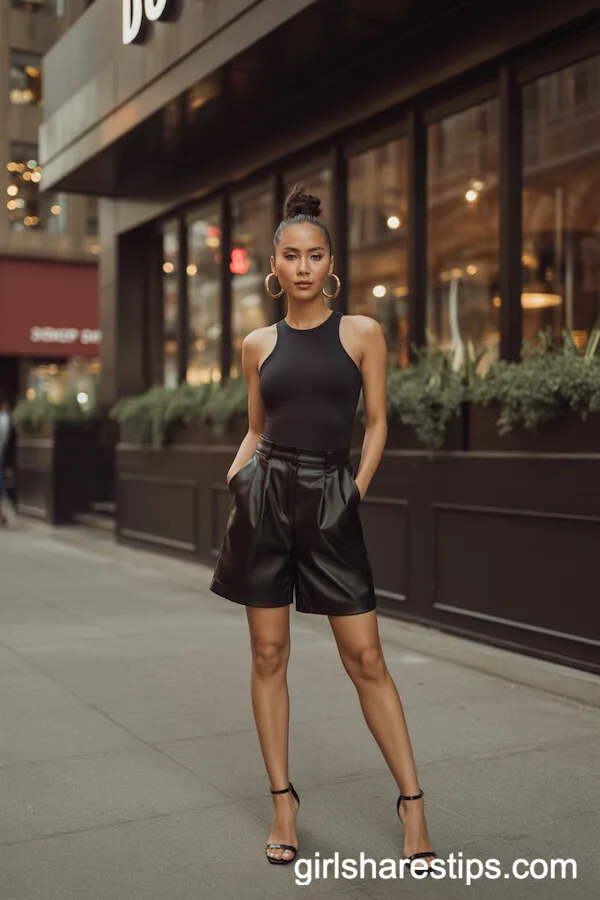 Black Faux-Leather Shorts with Fitted Bodysuit and Heeled Sandals