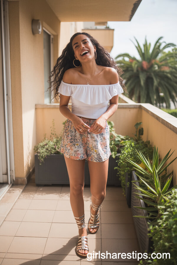 Floral Print Shorts with White Off-Shoulder Ruffle Top