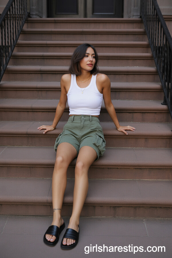 Army Green Cargo Shorts with Fitted White Tank and Slides