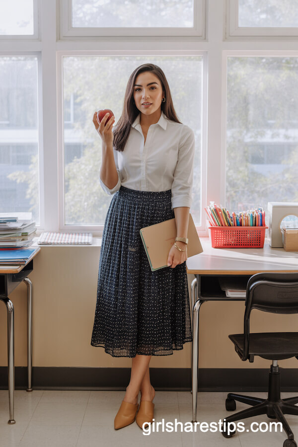White Button Up with Navy Polka Dot Skirt