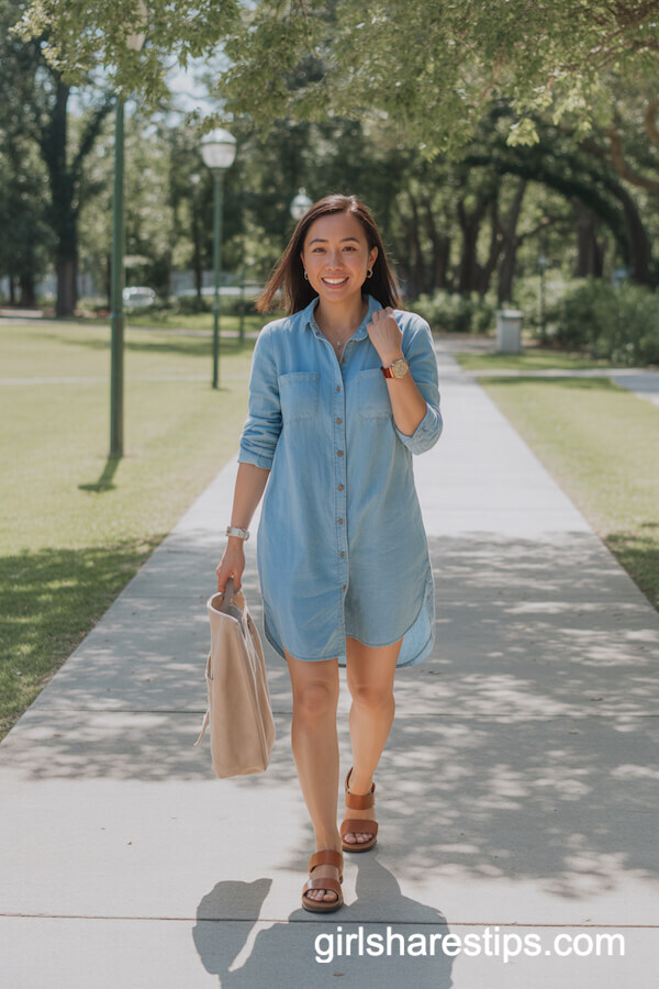 Light Blue Chambray Shirtdress with Sandals