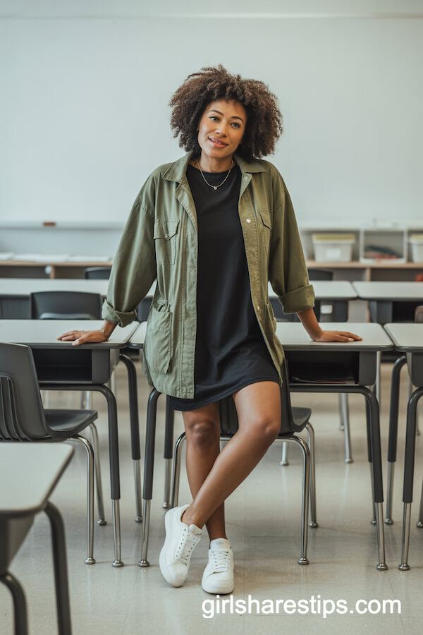 Black T-shirt Dress with Olive Utility Jacket