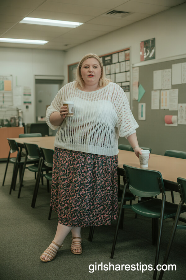 Open-Knitted White Sweater with Floral Skirt