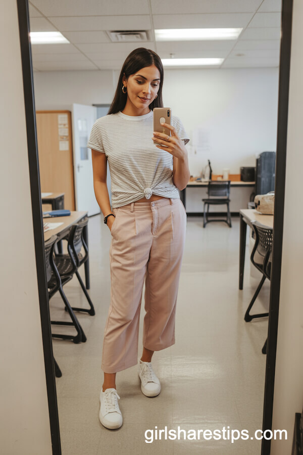 Blush Pink Cropped Trousers with Striped T-shirt