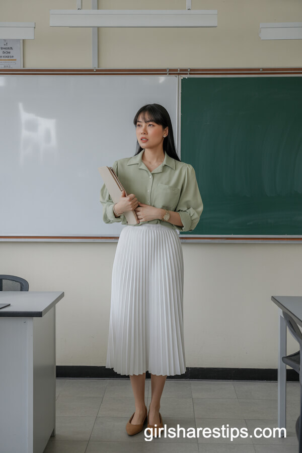 Light Green Blouse with White Pleated Skirt