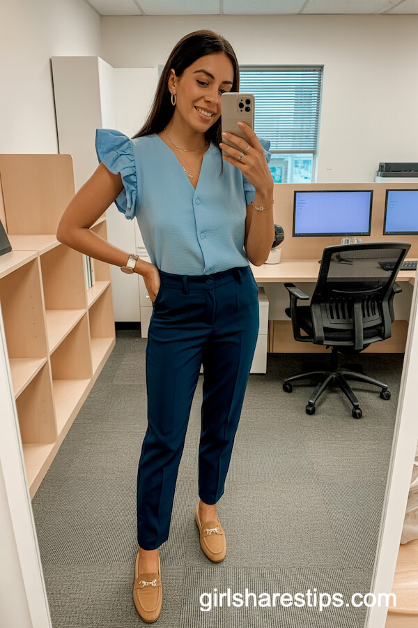Powder Blue Ruffled Blouse with Navy Pants