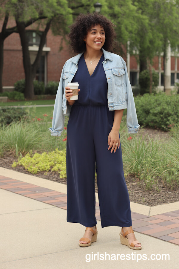 Navy Wide-Leg Jumpsuit with Denim Jacket