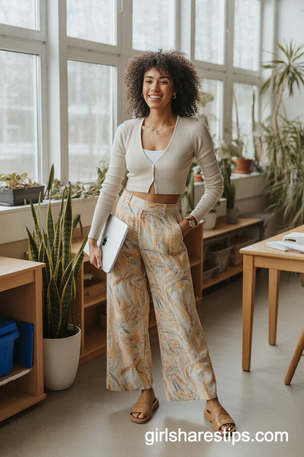 Cream Cropped Cardigan with Printed Trousers