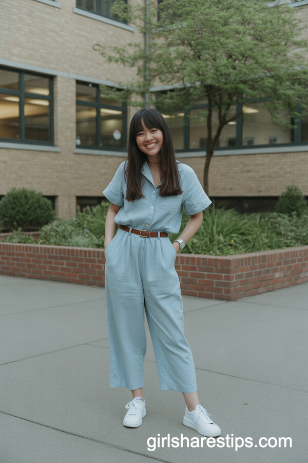 Pale Blue Linen Jumpsuit with White Sneakers