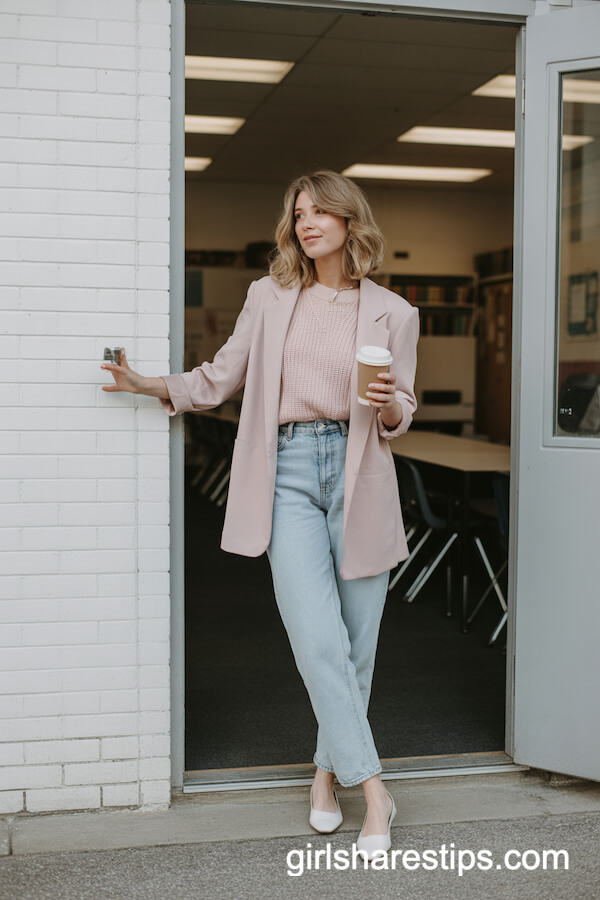 Pink Knit Top with Jeans and Pastel Blazer
