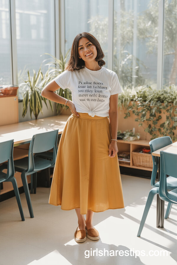 White T-shirt with Mustard Yellow Midi Skirt