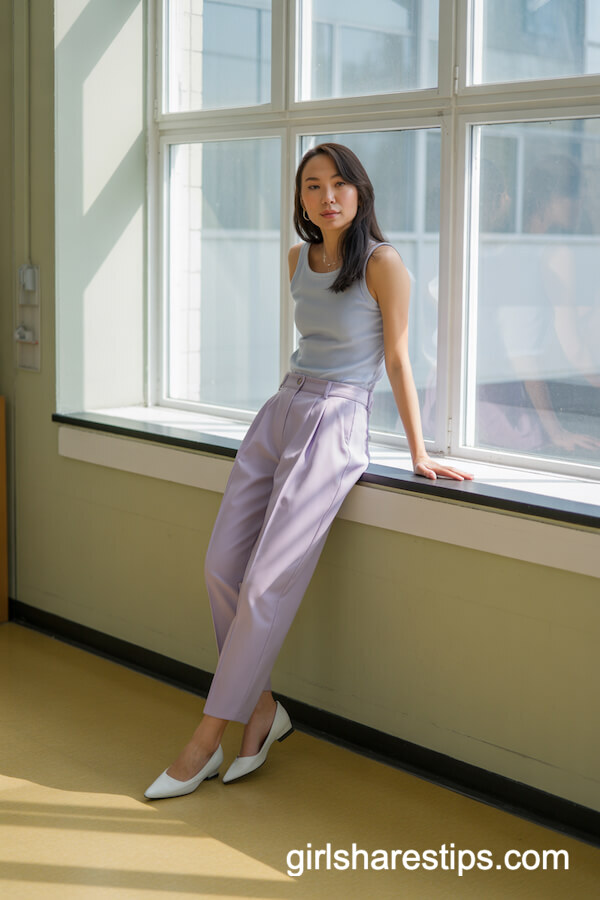 Pastel Lavender Pants with Gray Tank and Flats