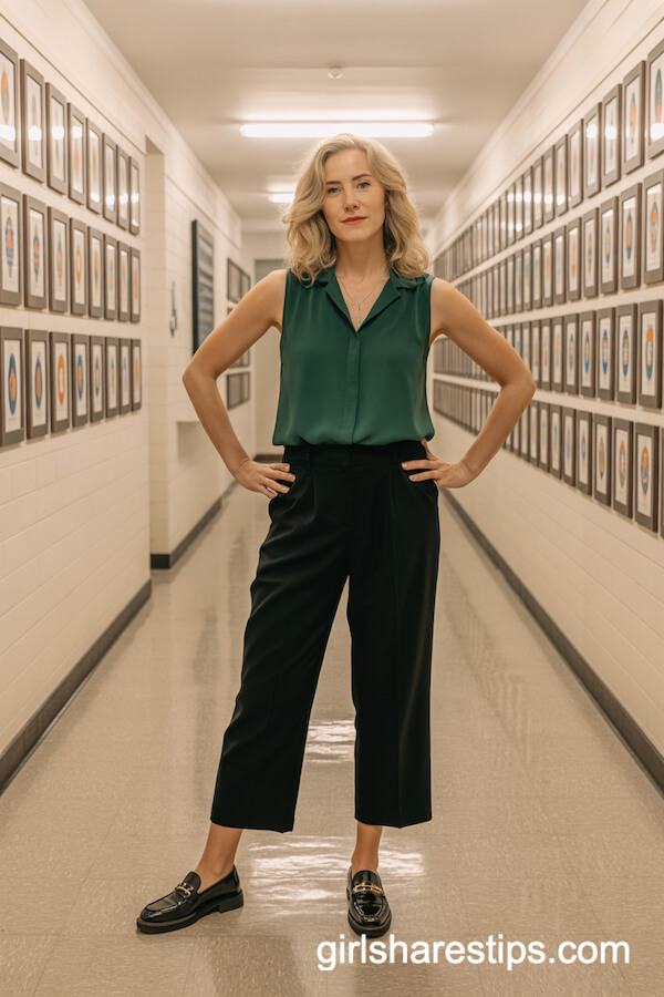 Emerald Green Blouse with Cropped Black Pants