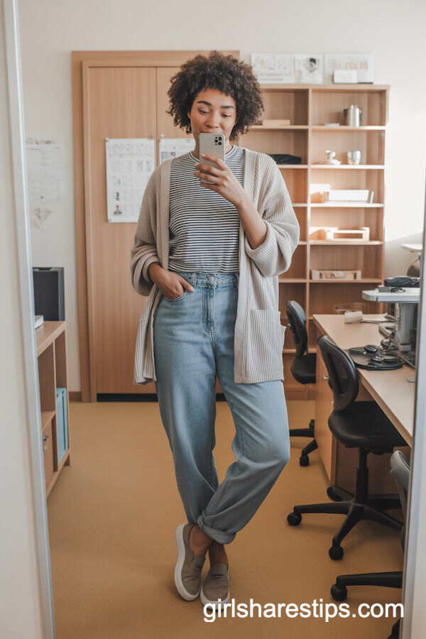 Striped T-shirt with Beige Cardigan and Jeans