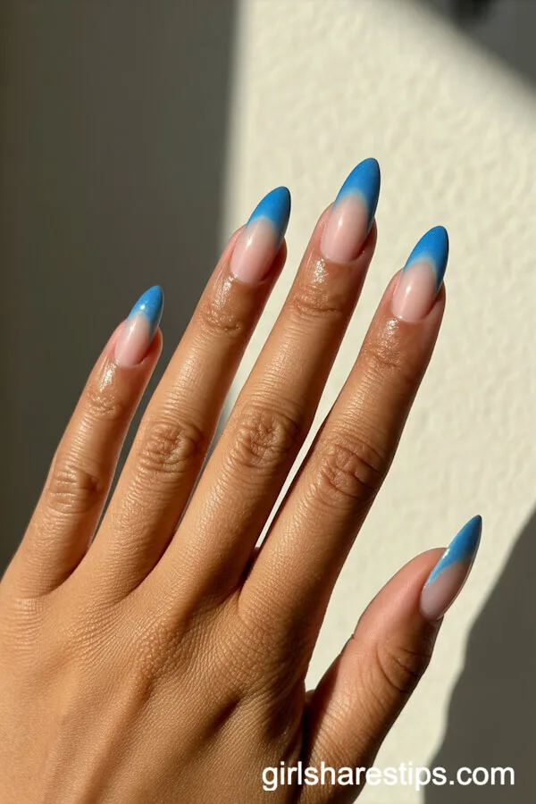 Pool Blue Shimmer Ombre Stiletto Nails
