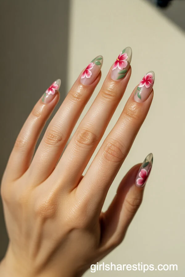 Pink Hibiscus Almond Nails