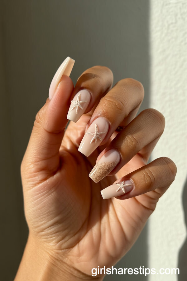 Starfish Nude Coffin Nails with Glitter