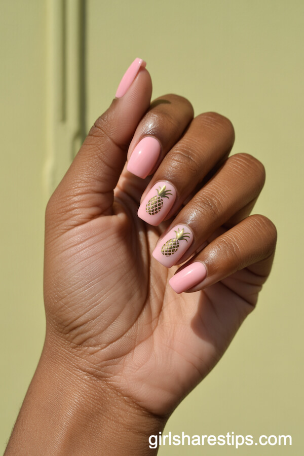 Gold Pineapple Bubblegum Pink Square Nails