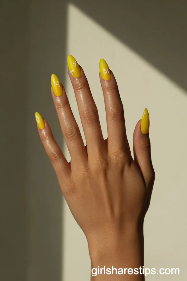 Lemon Yellow Stiletto Nails with Floral Accents