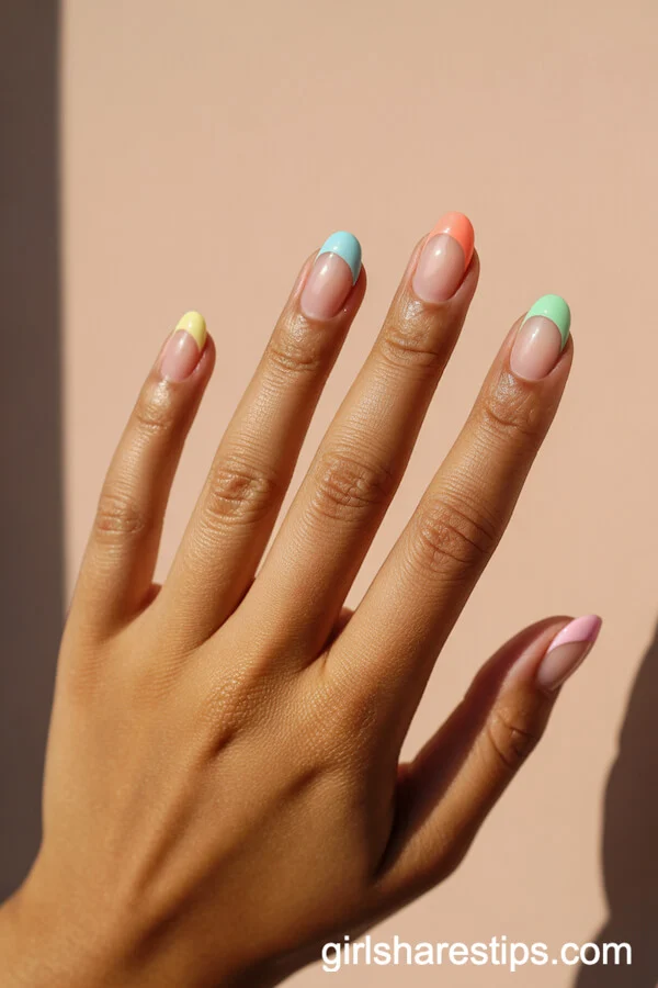 Pastel Rainbow French Round Nails
