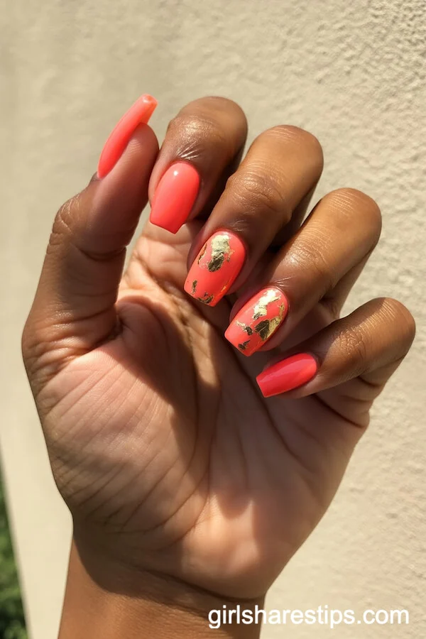 Neon Coral Coffin Nails with Gold Foil