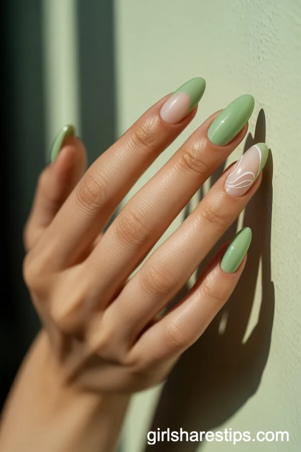 Mint Green Almond Nails with White Swirls