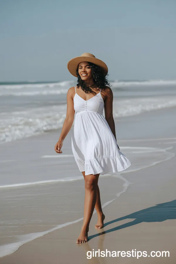 Classic White Sundress with a Straw Hat for Breezy Beach Days